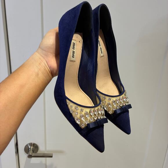 Miu Miu Navy Suede Embellished Pointy Heels Sz 39 - Picture 1 of 10